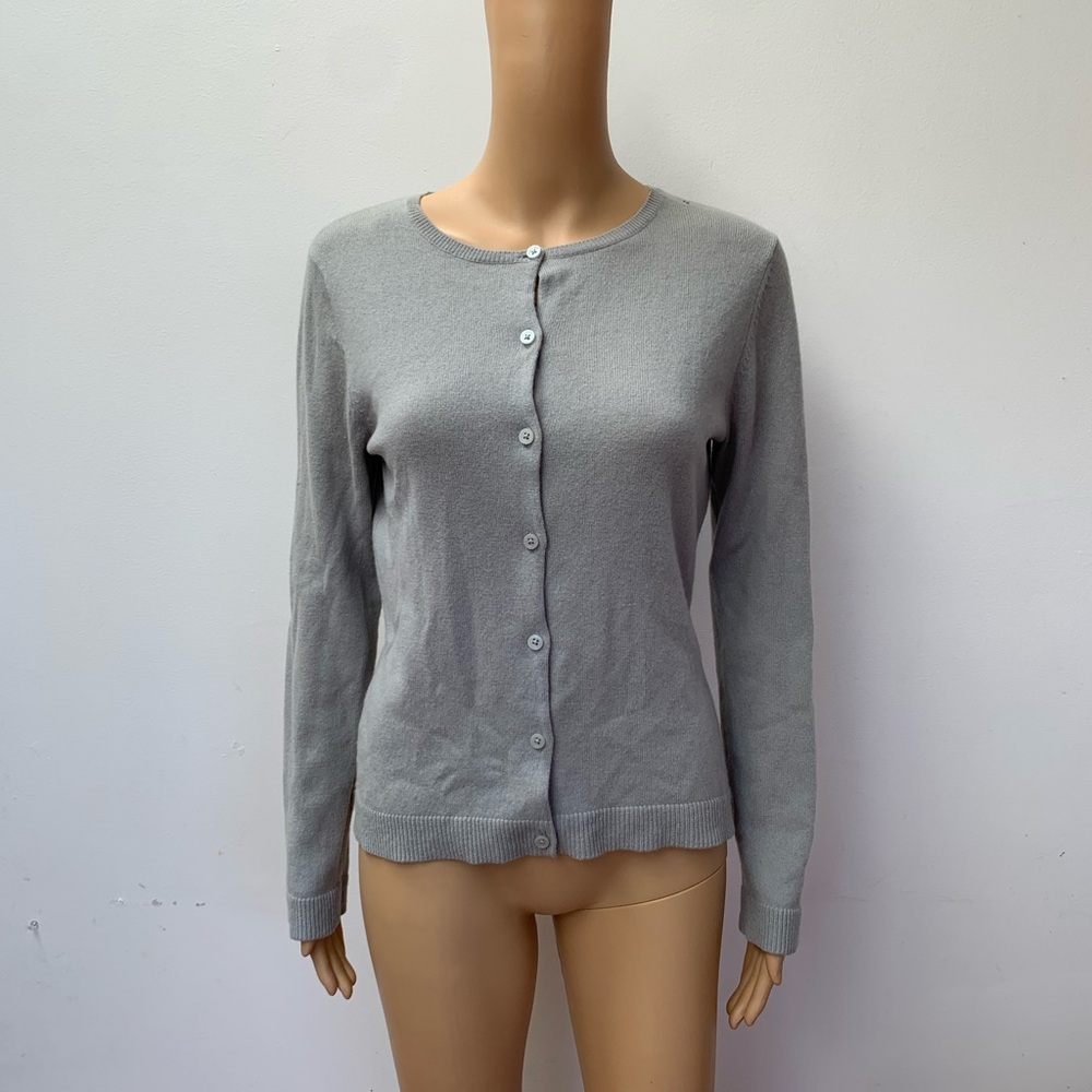 Garnet Hill gray 100% cashmere long sleeve crew neck cardigan sweater S HOLES